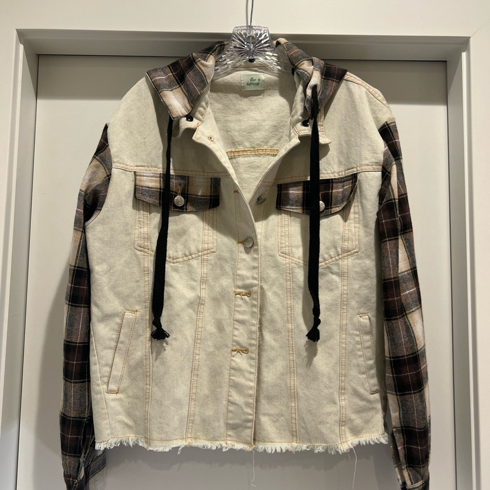 Blue Buttercup Plaid Sleeve Women's Jacket w/ Detachable Hood Size Small